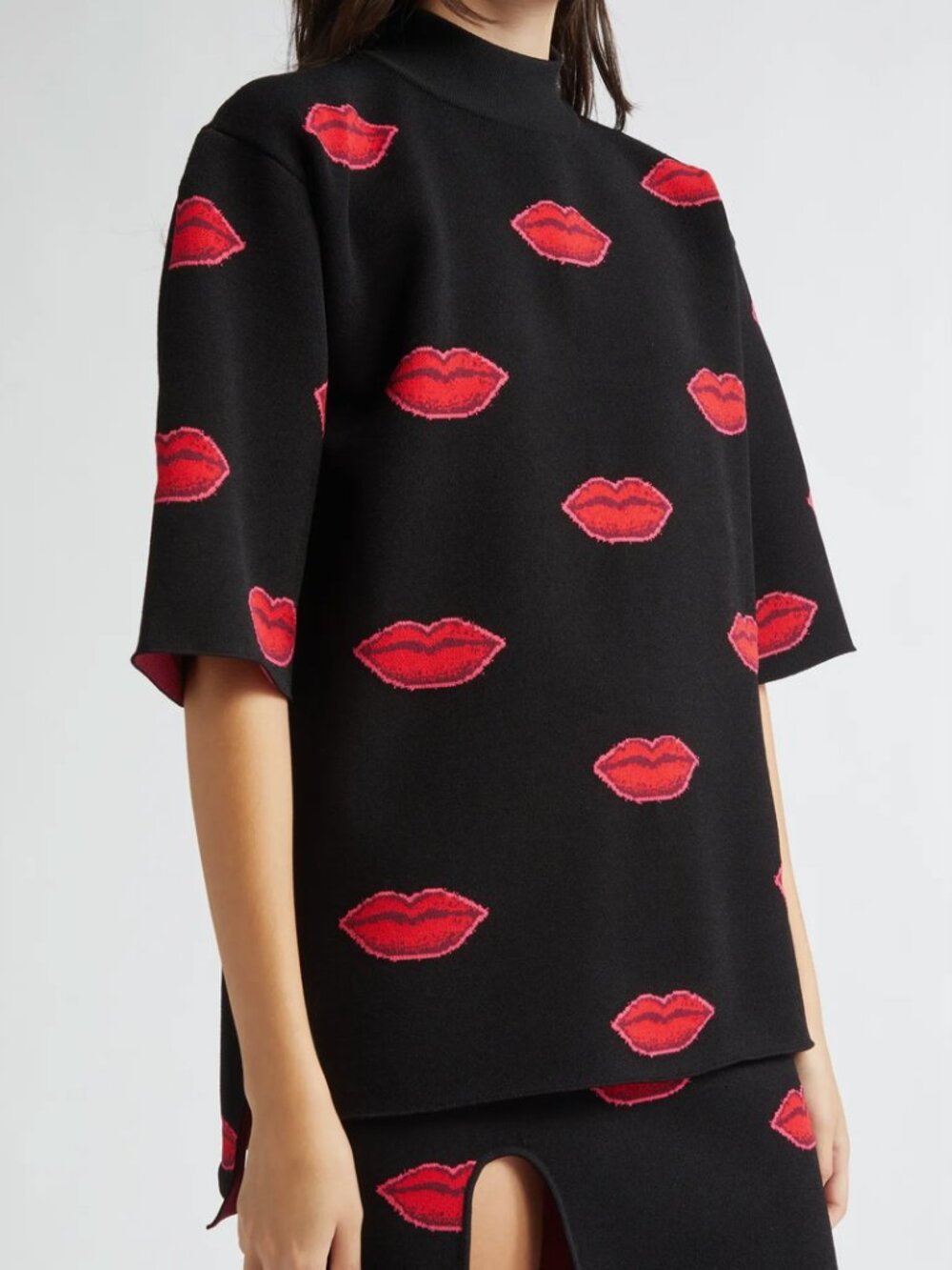 Stella McCartney Lips Jacquard Mock Neck Sweater, Black, Size XS